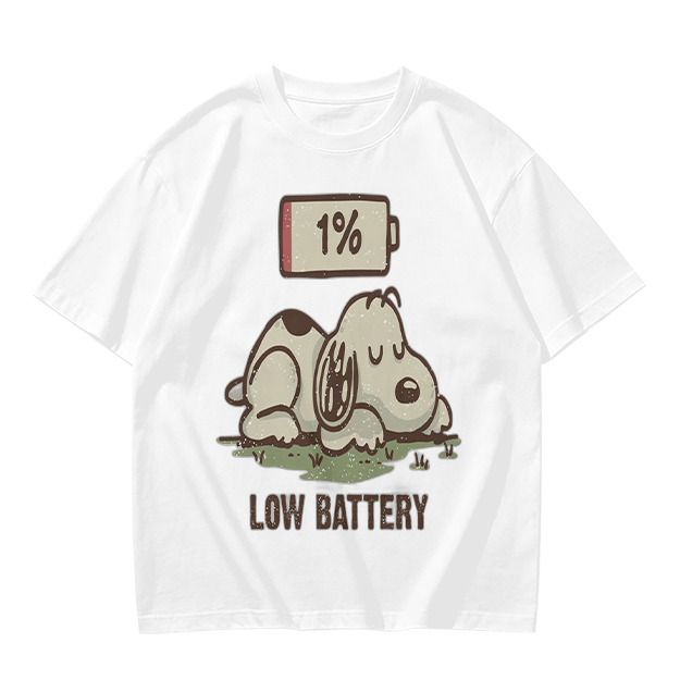 Olive T-Shirt With Tired Dog 1% Battery Graphic Print