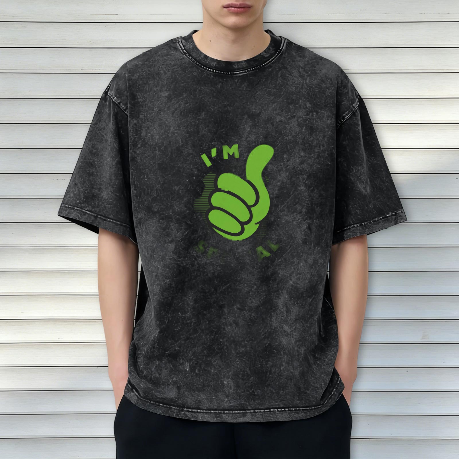 Oversized acid wash t-shirt with green thumbs up graphic