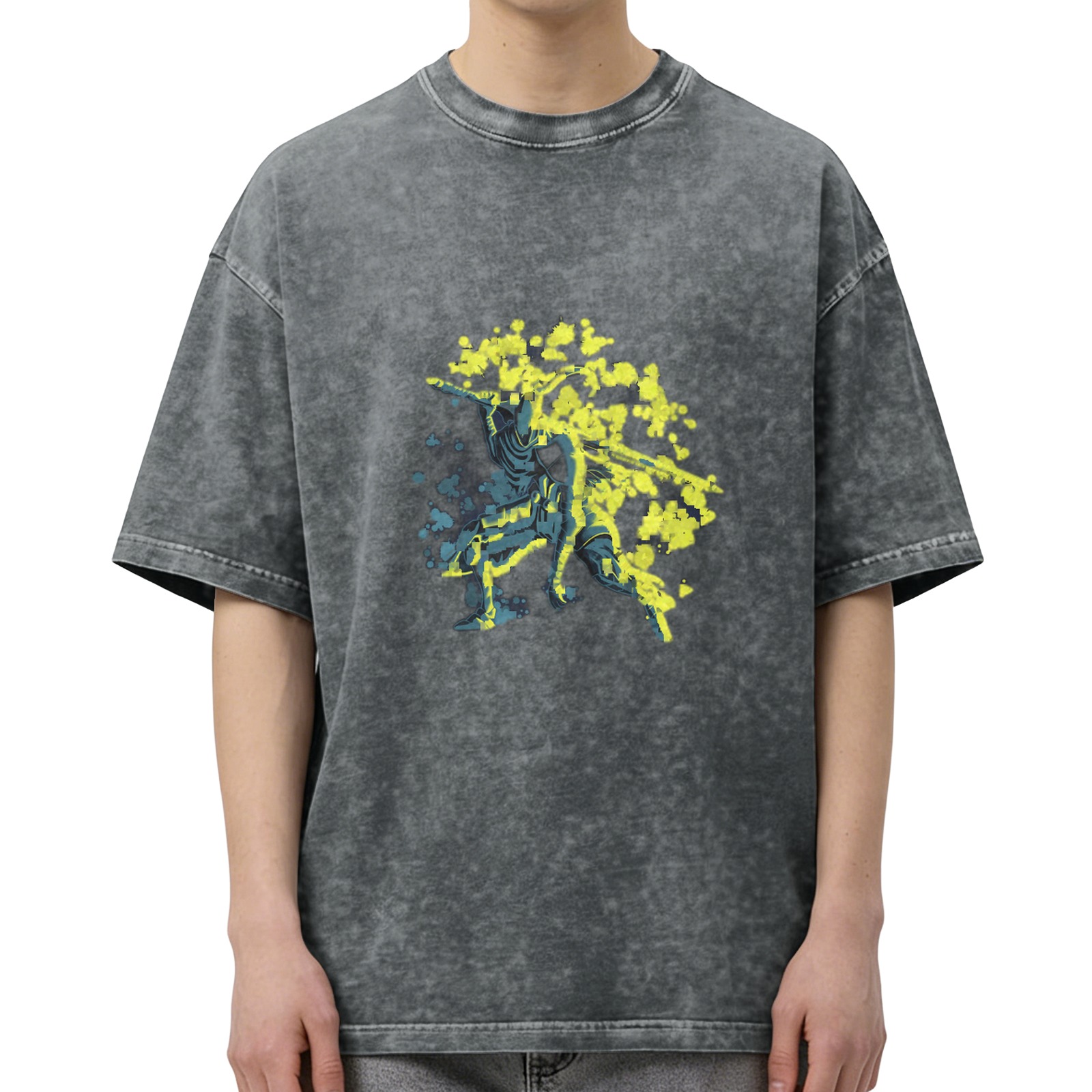 Washed Black Graphic T-Shirt with Neon Splatter Warrior Design