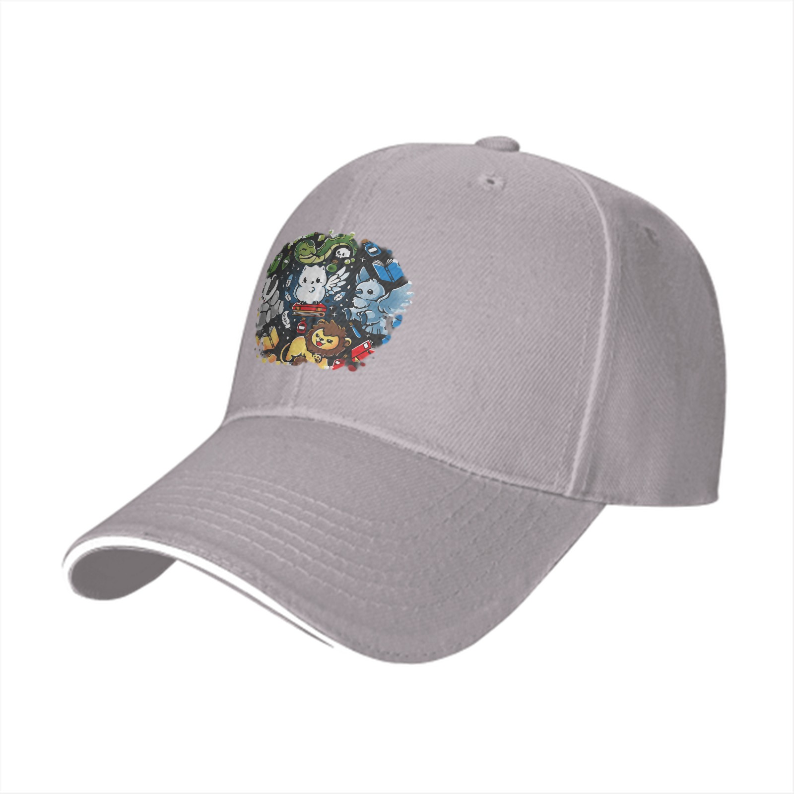 Black Baseball Cap With Cute Magical Creatures Graphic Design