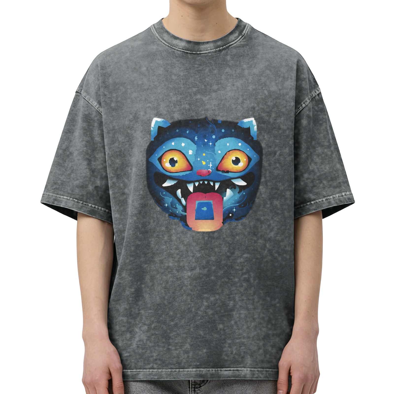 Oversized Acid Wash T-Shirt With Cosmic Blue Monster Cat Graphic