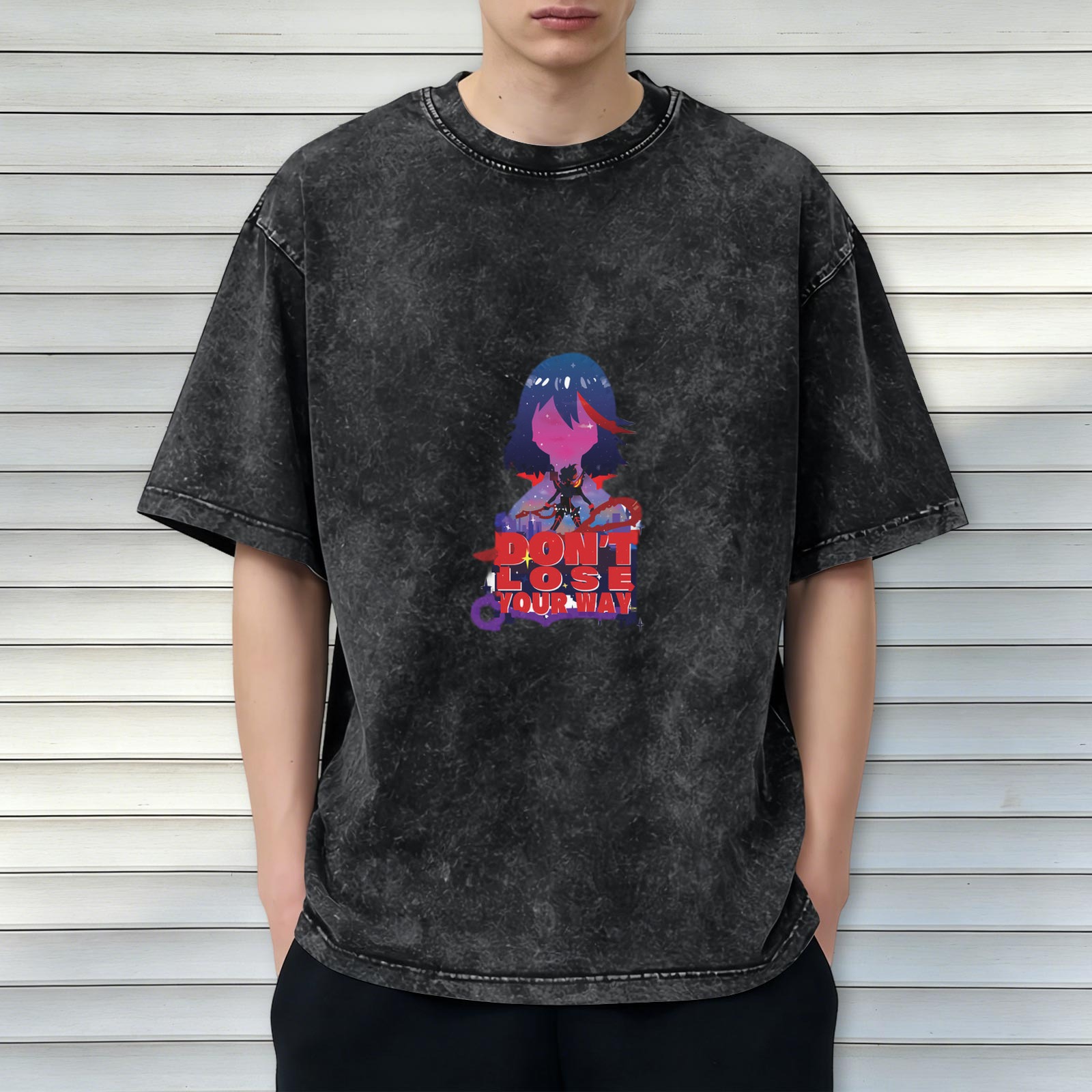 Washed black anime graphic t-shirt with don't lose your way text