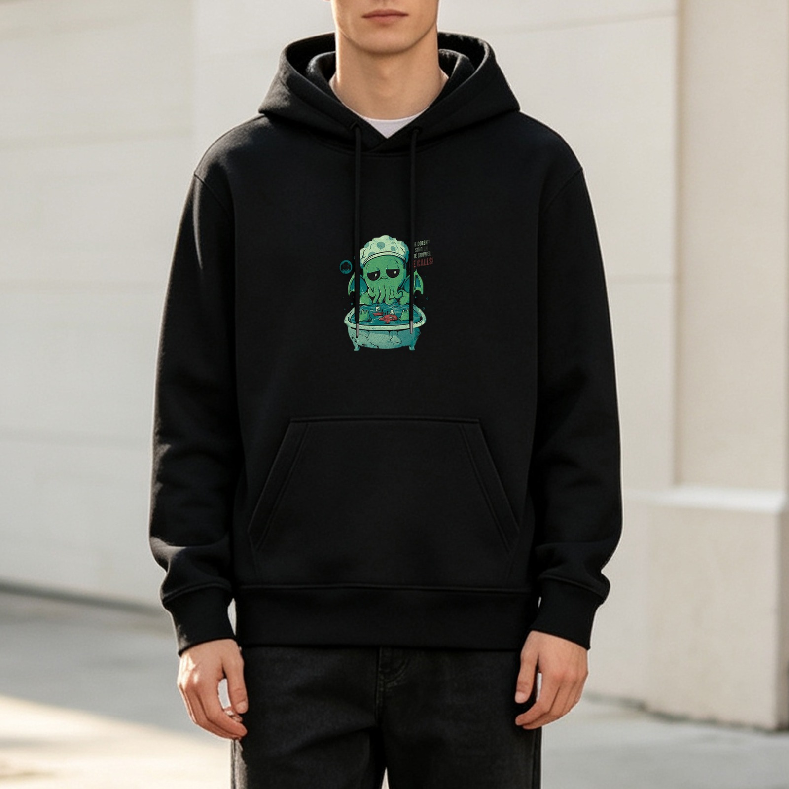 Black Hoodie With Cute Cthulhu Bathing Graphic