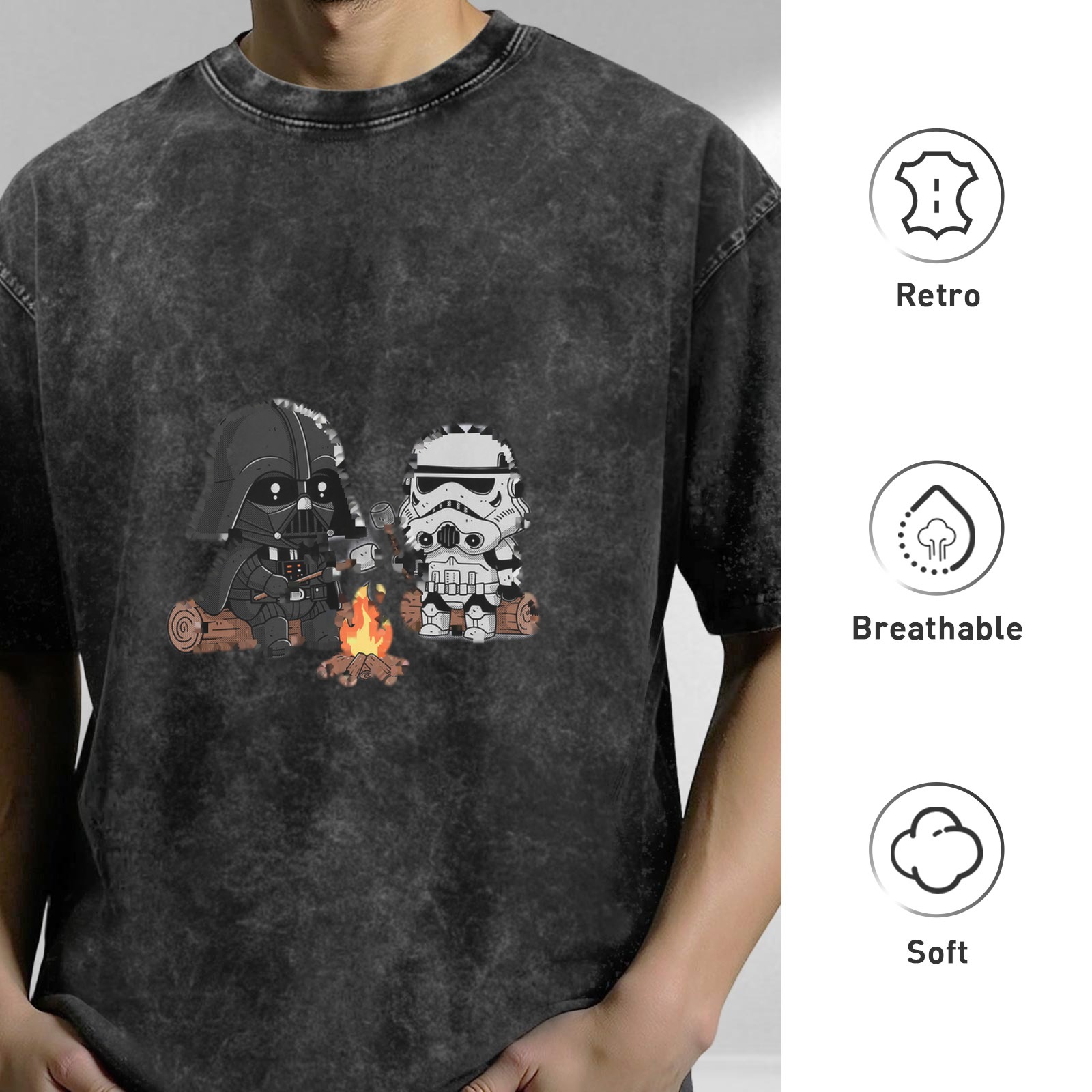 Washed Cotton T-Shirt with Cute Star Wars Characters Camping Graphic