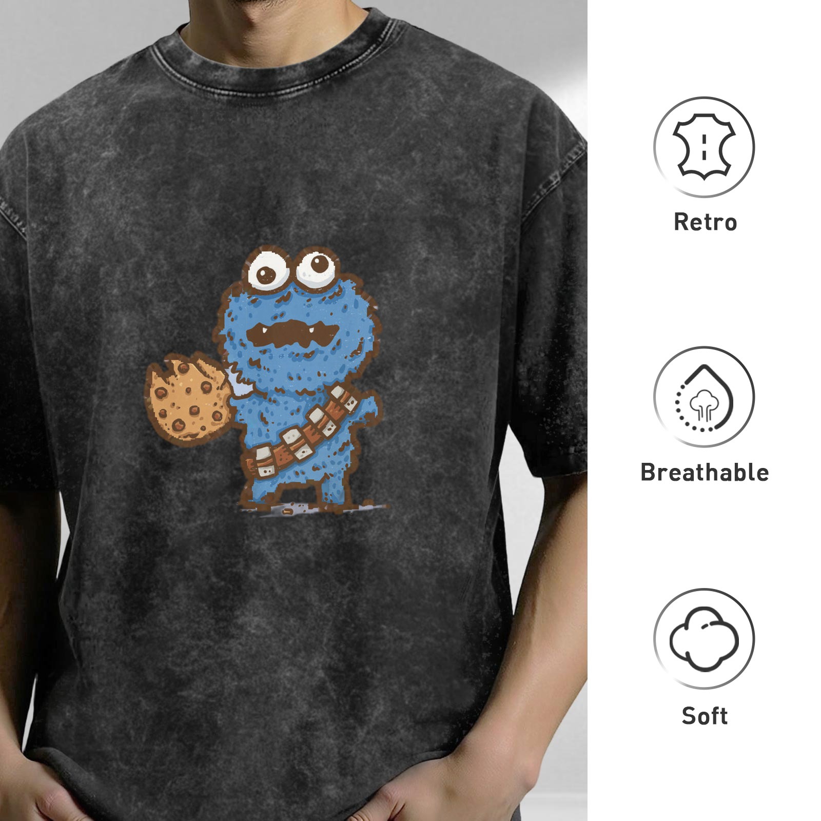 Washed Black T-Shirt with Cookie Monster Holding a Cookie Graphic