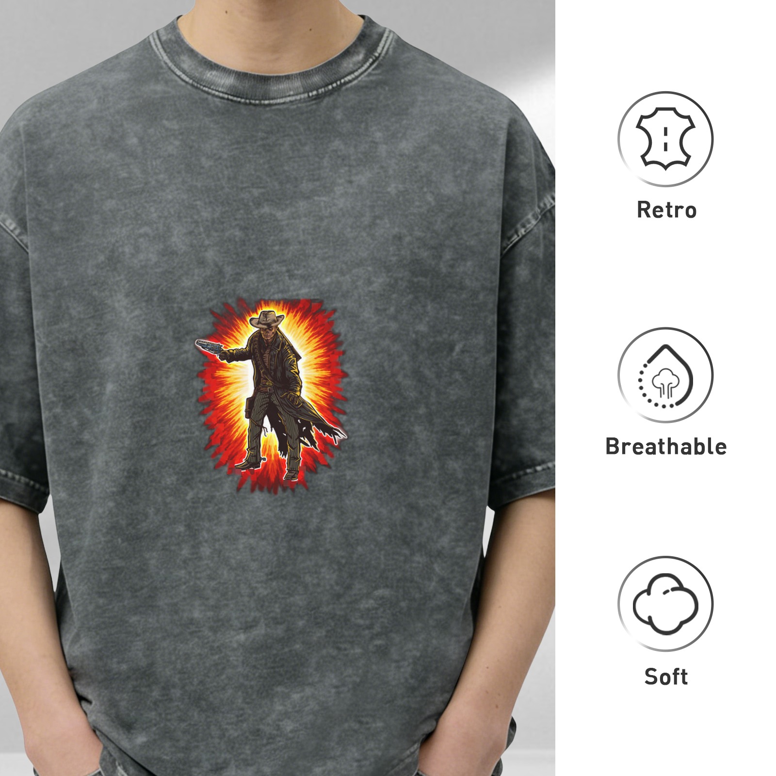 Oversized Dark Wash T-Shirt With Western Gunslinger Explosion Graphic