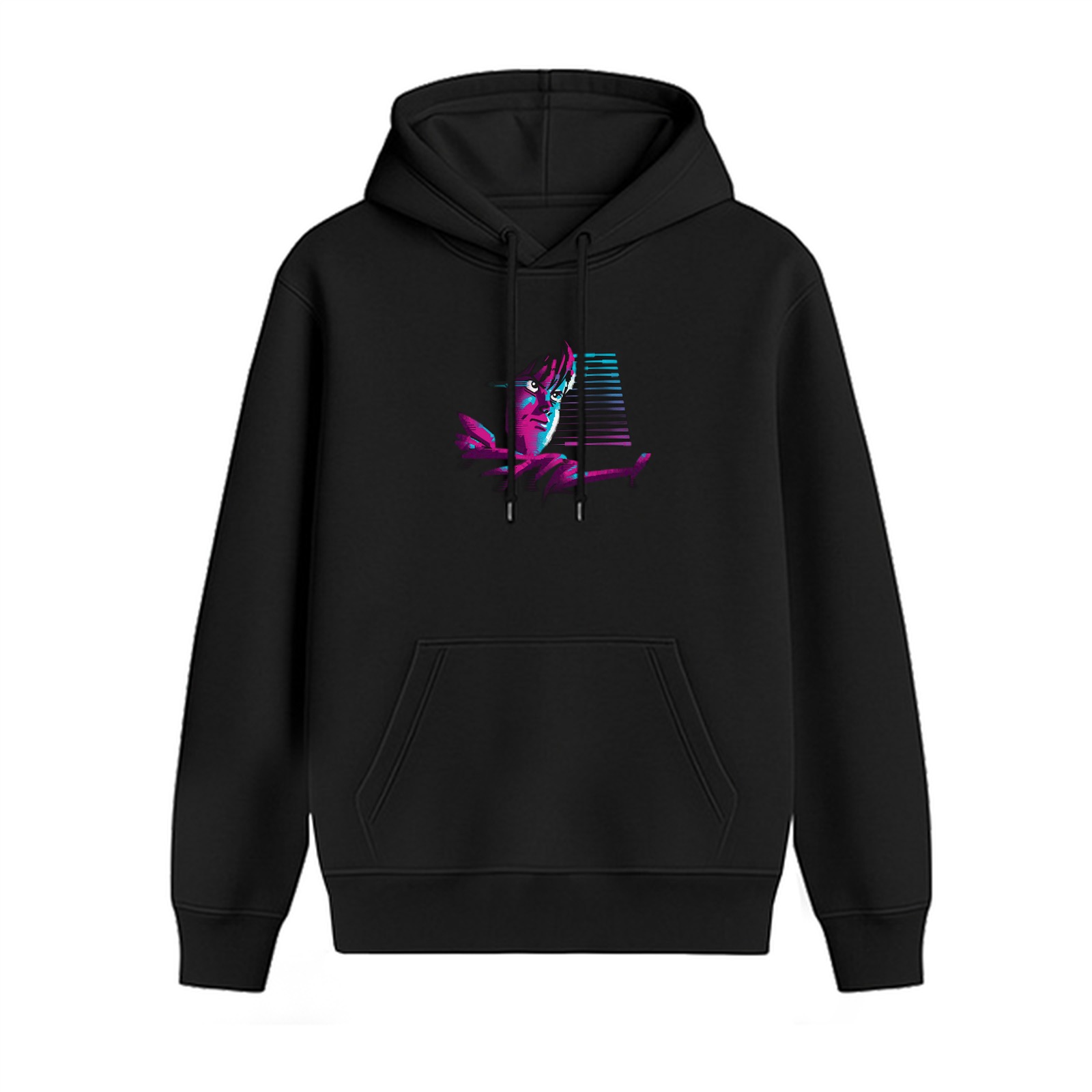 Black hoodie with retro synthwave style graphic print