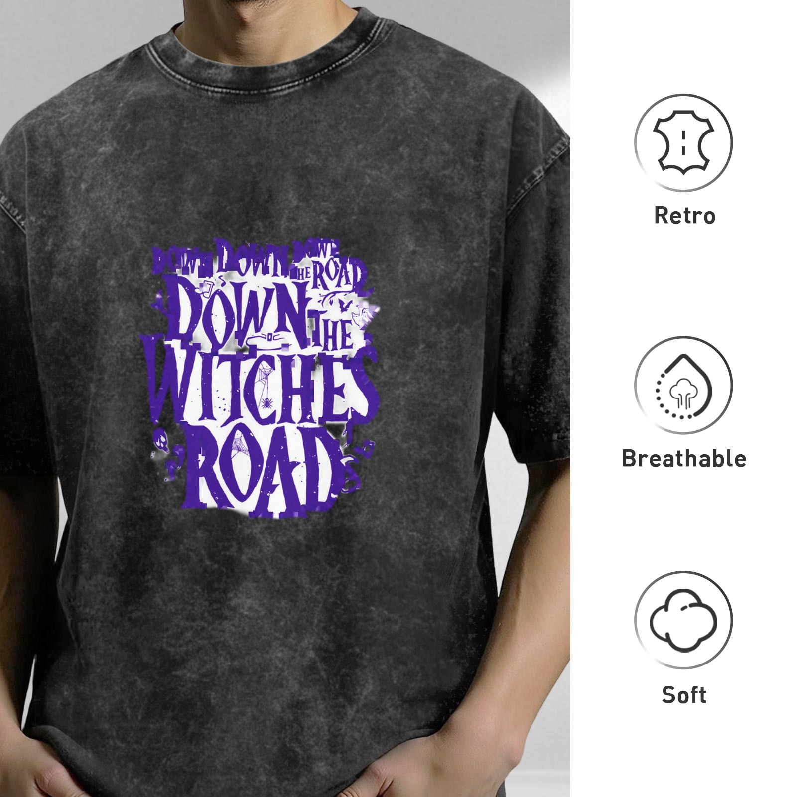 Washed Black Graphic T-Shirt with Down The Witches Road Text