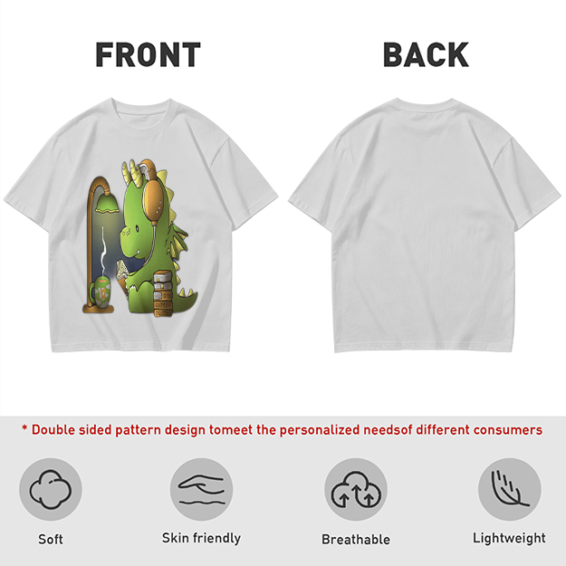 Olive T-Shirt with Cute Dragon Reading and Wearing Headphones