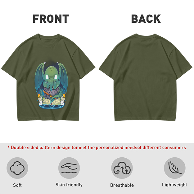 Olive T-shirt with Cute Cthulhu Reading Grimoire Print