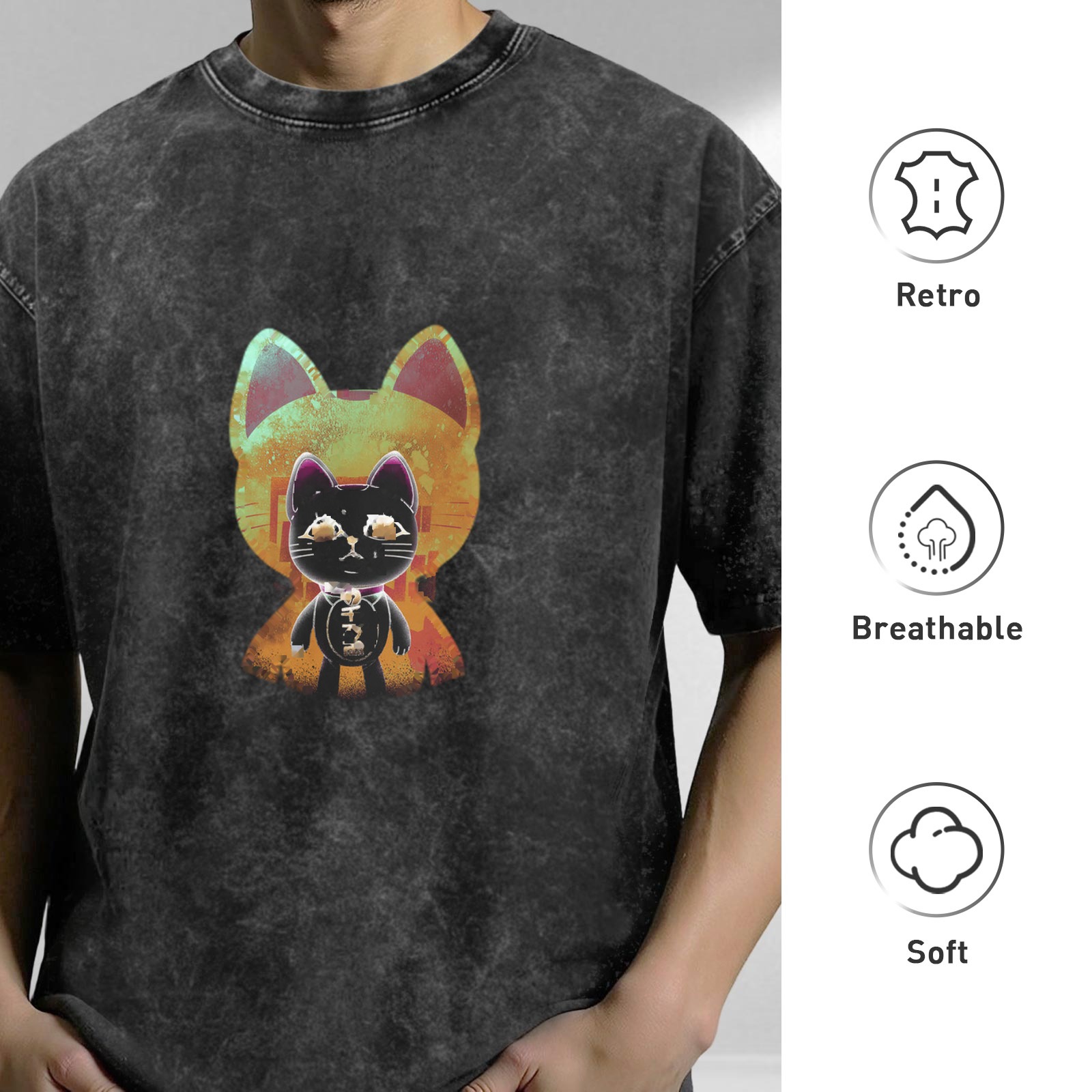 Washed Black T-Shirt With Stylized Cat Graphic Print