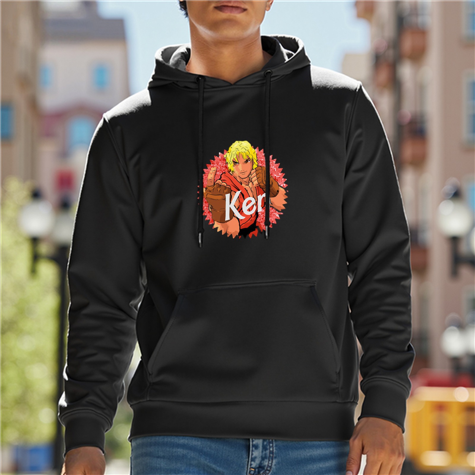 Black hoodie with Street Fighter Ken graphic print