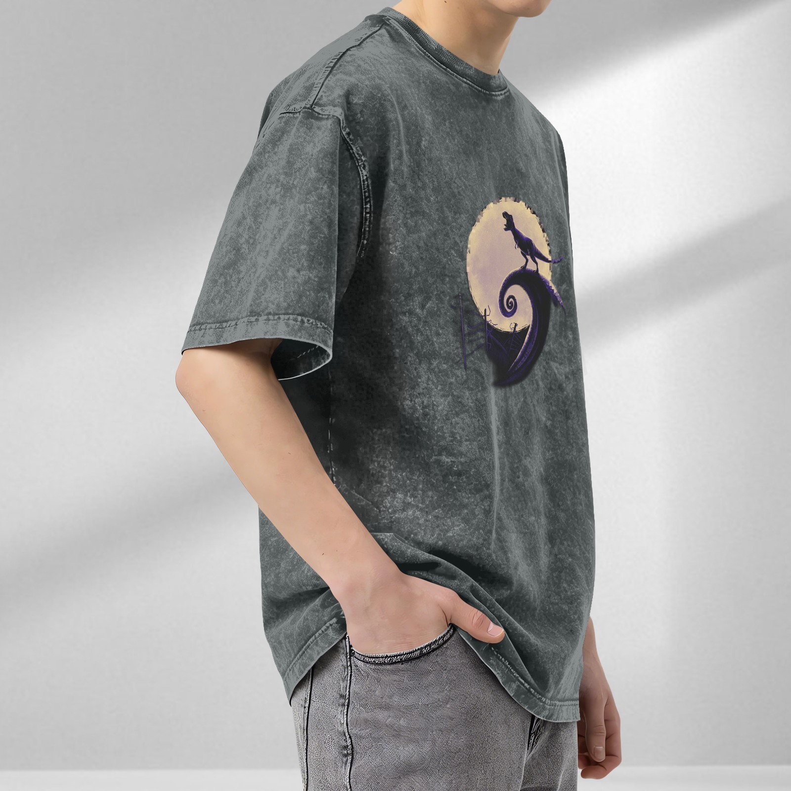 Dinosaur Moon Spiral Graphic Acid-Wash T-Shirt
