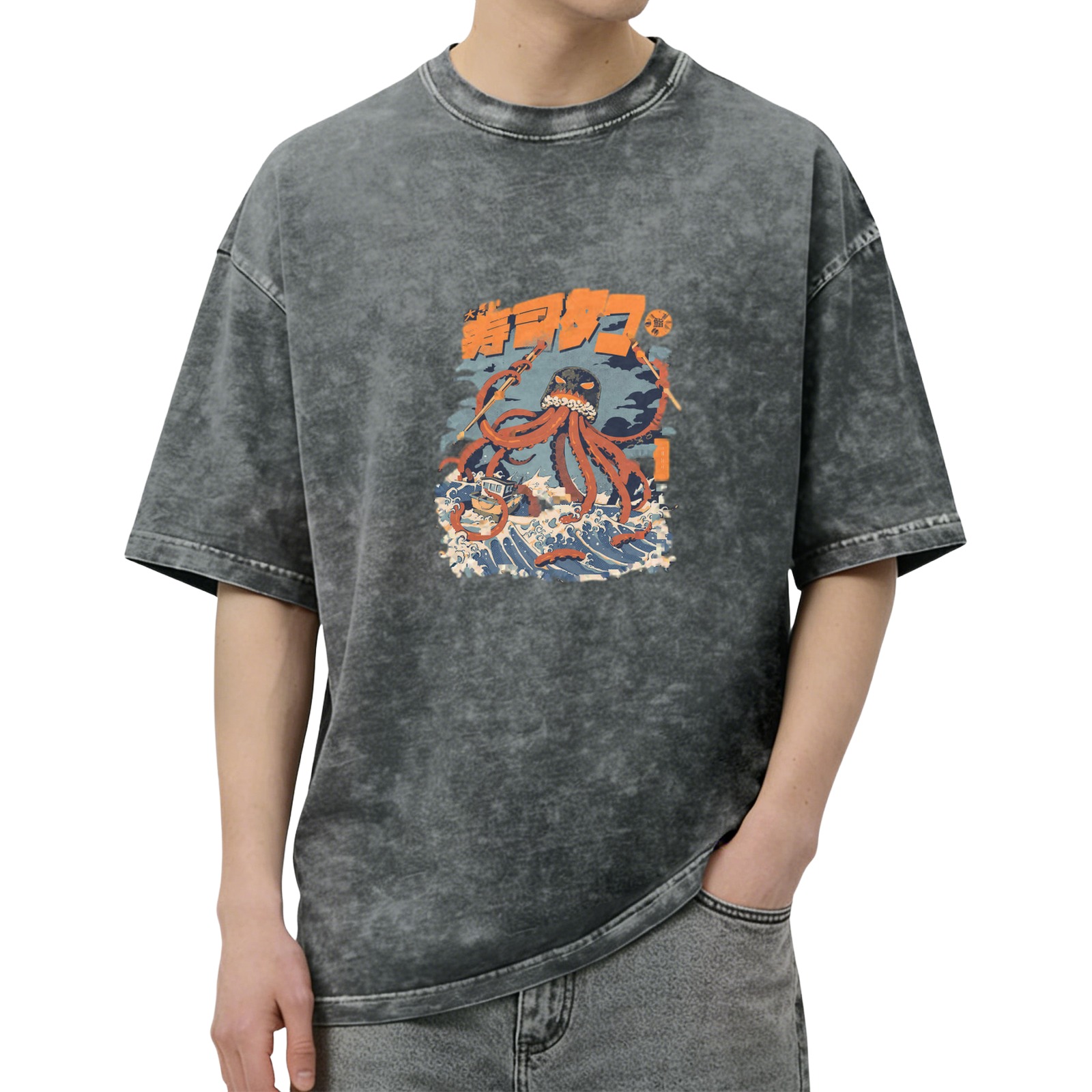Retro washed black octopus illustration short-sleeved T-shirt Japanese Ukiyo-e style octopus pattern casual top