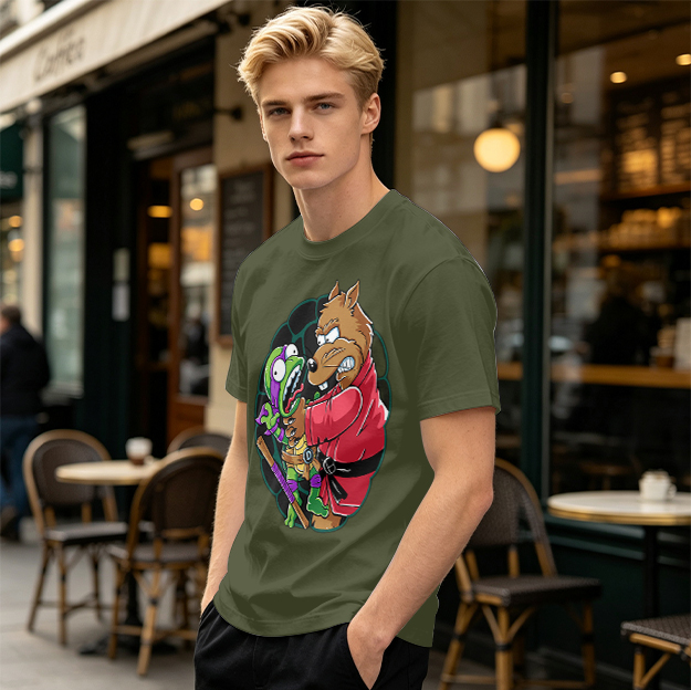 Olive T-shirt with Splinter Grabbing Donatello Ninja Turtle Art