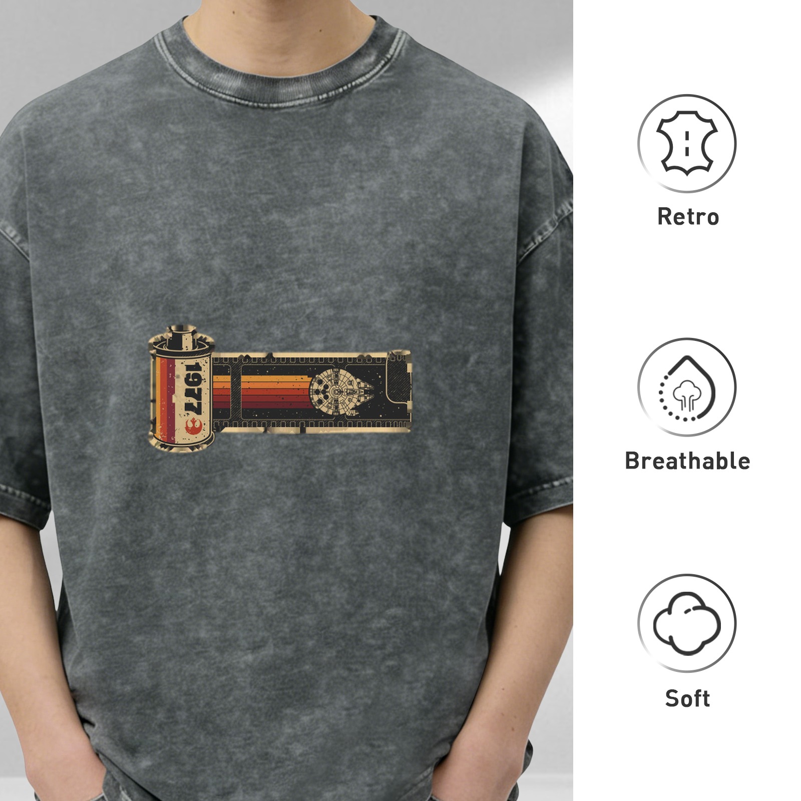 Oversized Acid Wash T-Shirt with 1977 Film Reel Graphic