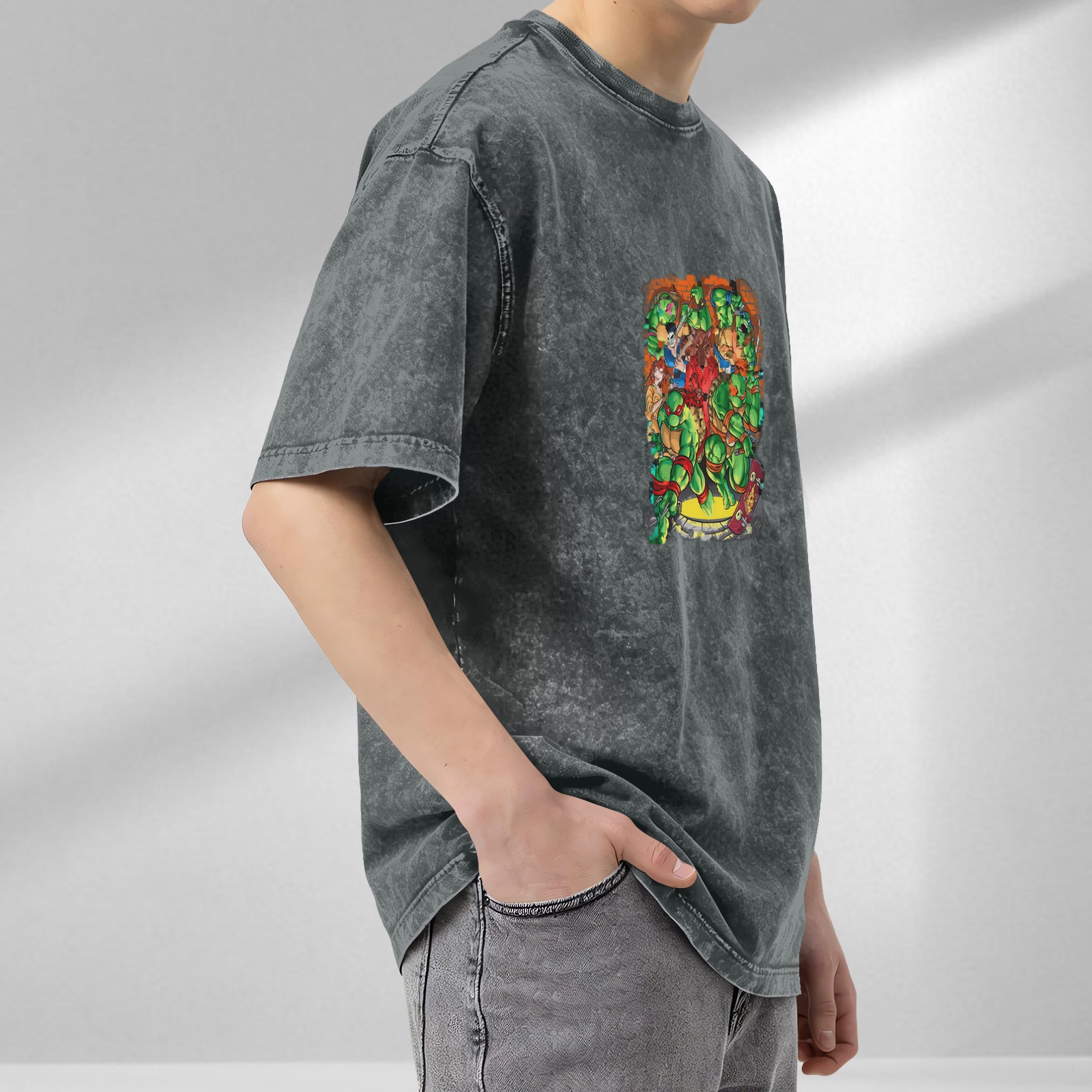 Washed Black Oversized T-Shirt with Teenage Mutant Ninja Turtles Graphic