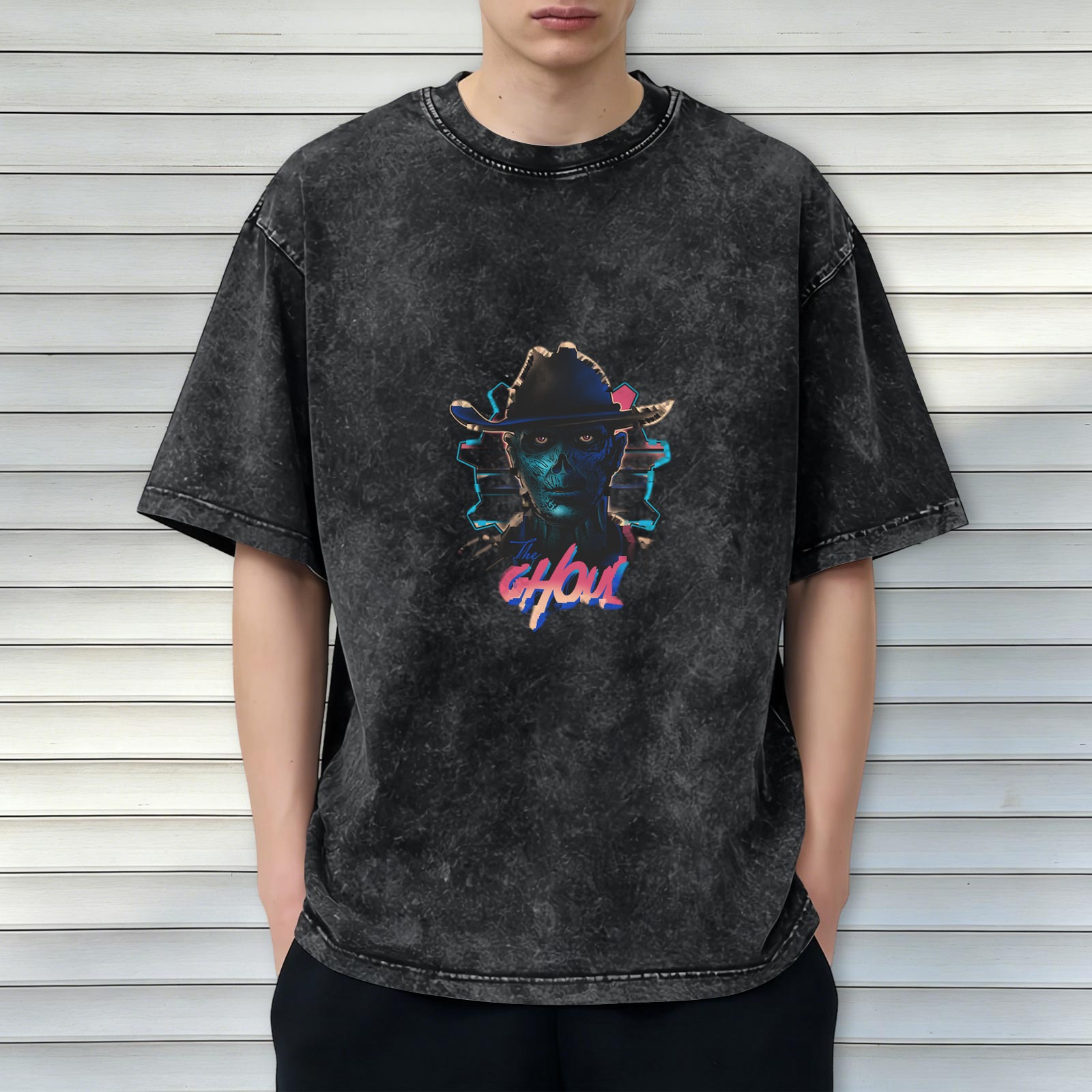 Washed Black T-Shirt with Retro The Ghoul Cowboy Skull Graphic