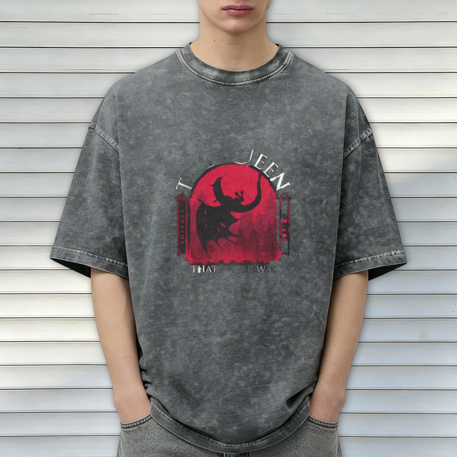 Washed Black Graphic T-Shirt With Dragon And Queen Text Print