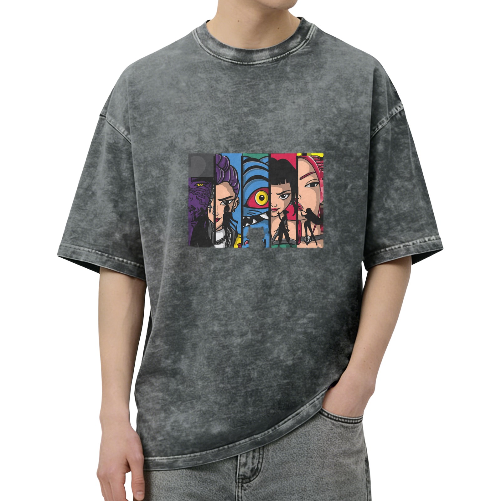 Oversized Acid Wash T-Shirt With Comic Style Character Art Print