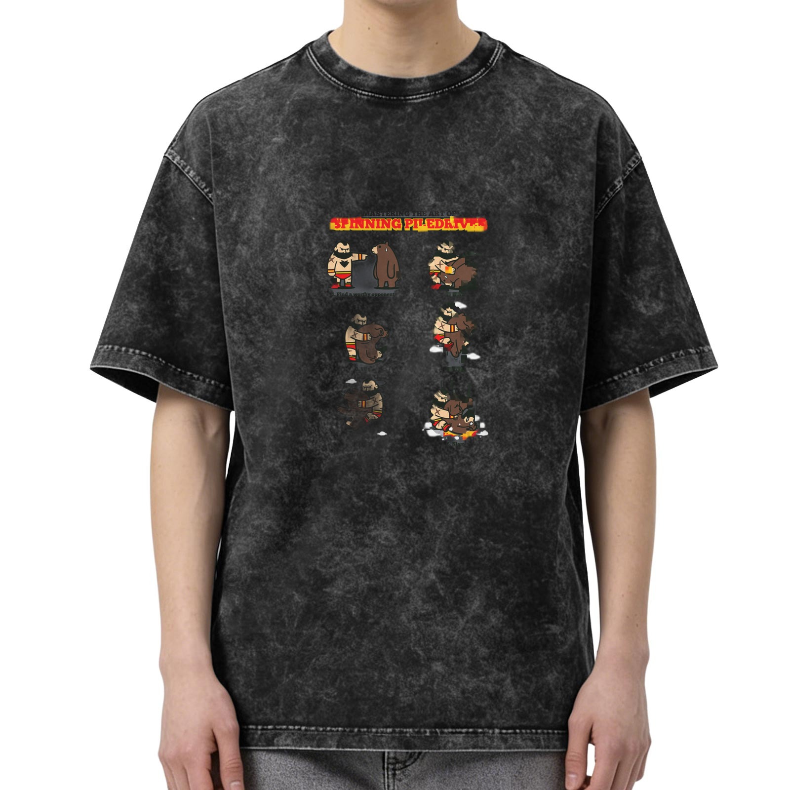 Distressed washed black loose short-sleeved T-shirt Cartoon wrestler storyboard print SPINNING BEAR casual top