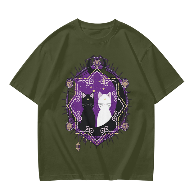 Olive T-Shirt With Celestial Black And White Cat Graphic