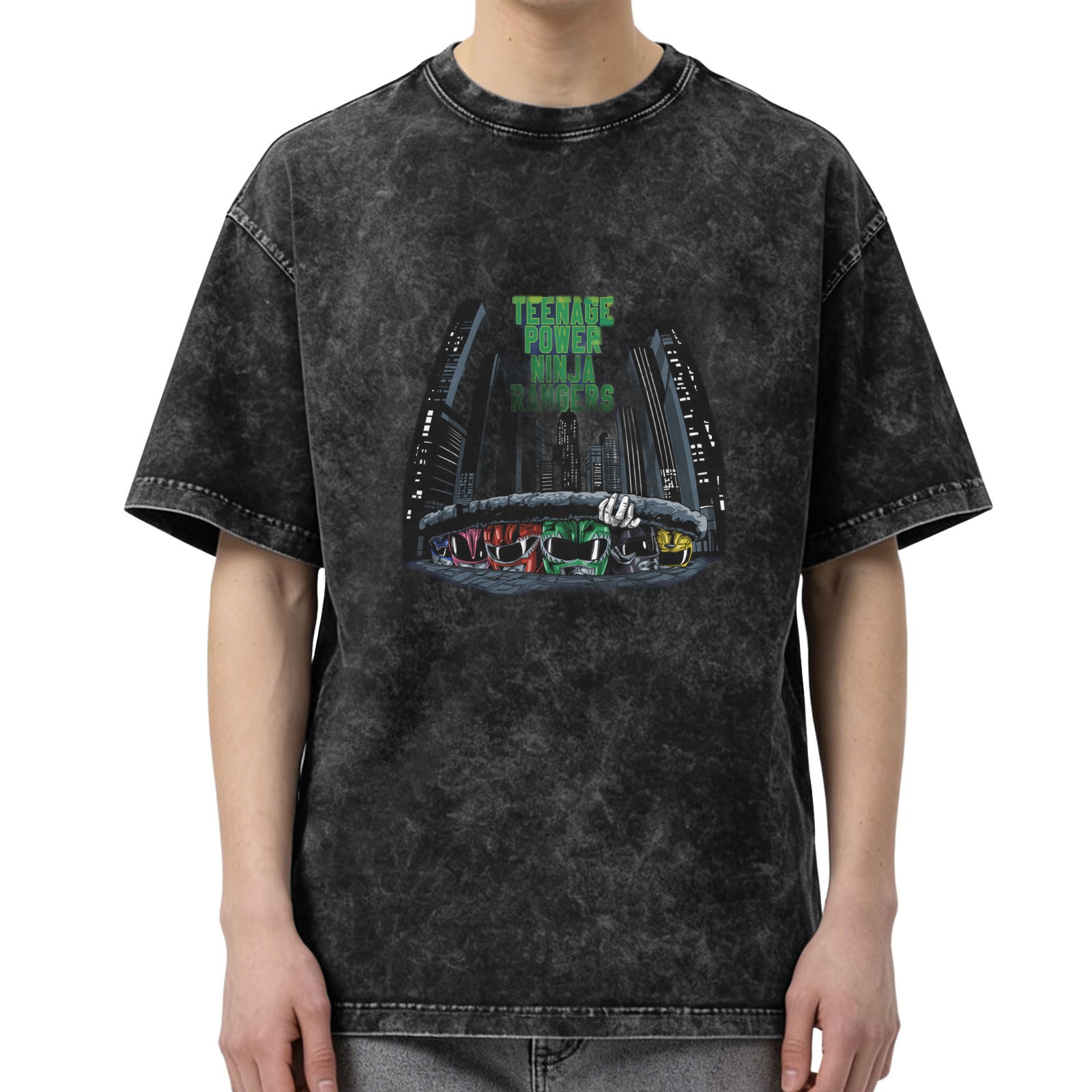 Teenage Power Ninja Rangers Graphic Stonewashed Black T-Shirt