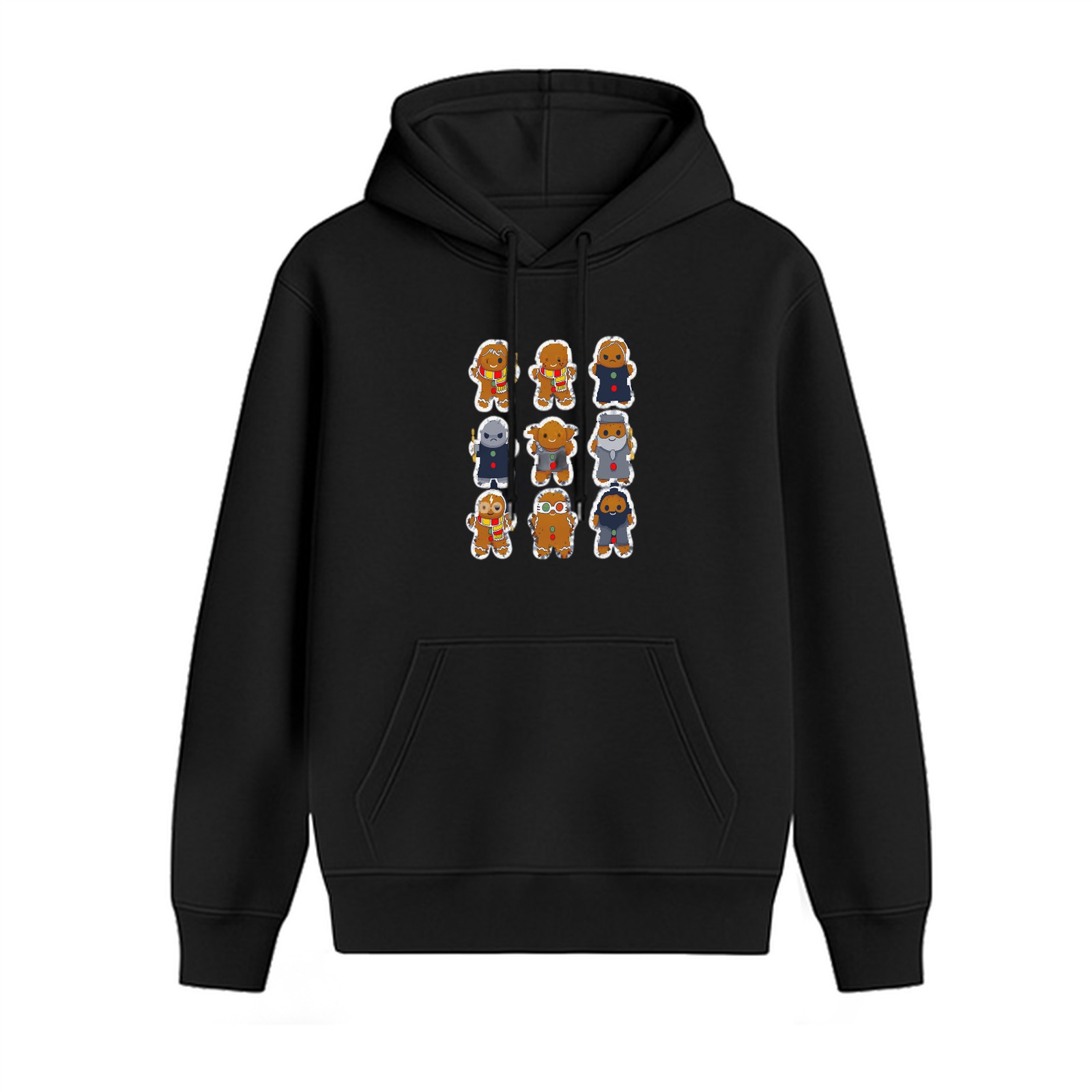 Black hoodie with cute gingerbread character grid print