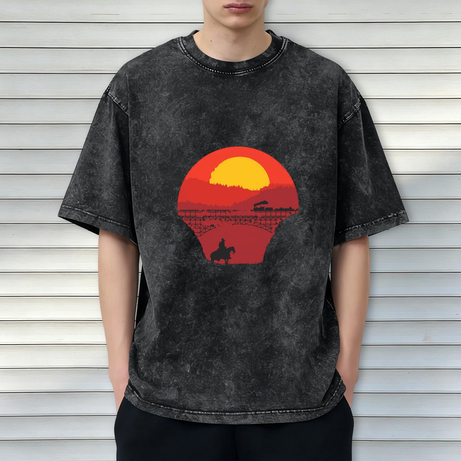 Washed Black T-Shirt with Western Sunset Cowboy and Train Graphic