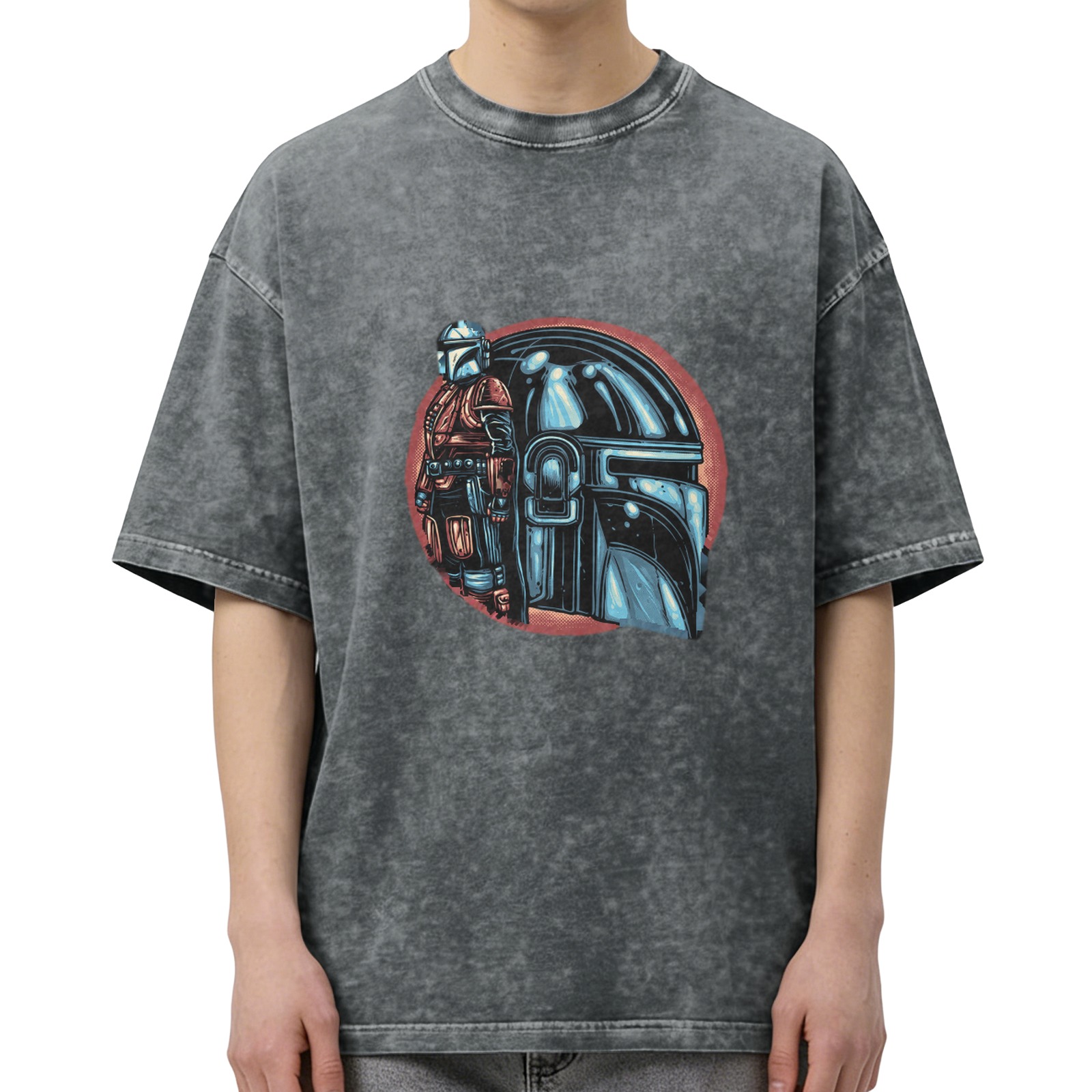 Washed Black T-Shirt With Mandalorian Helmet And Warrior Print