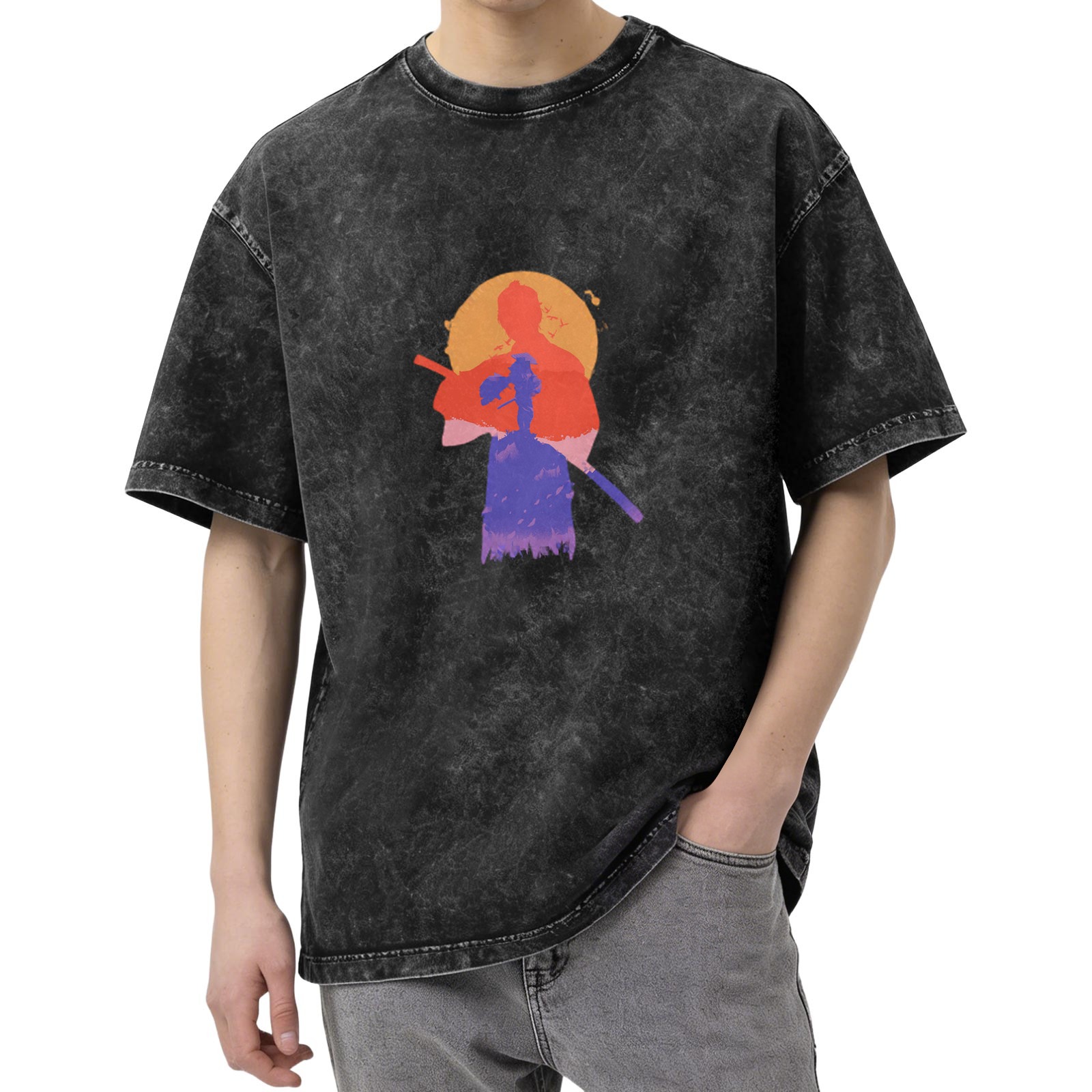 Washed black graphic t-shirt with samurai sunset silhouette print