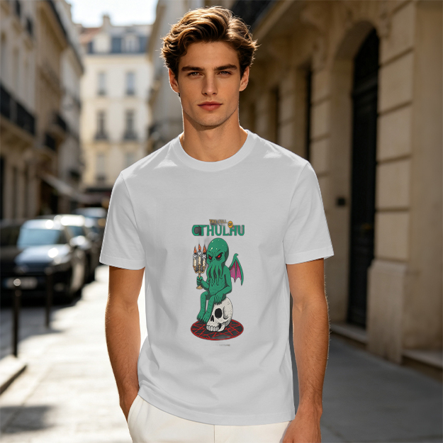 Olive Green Cthulhu Graphic T-Shirt with Skull and Candles