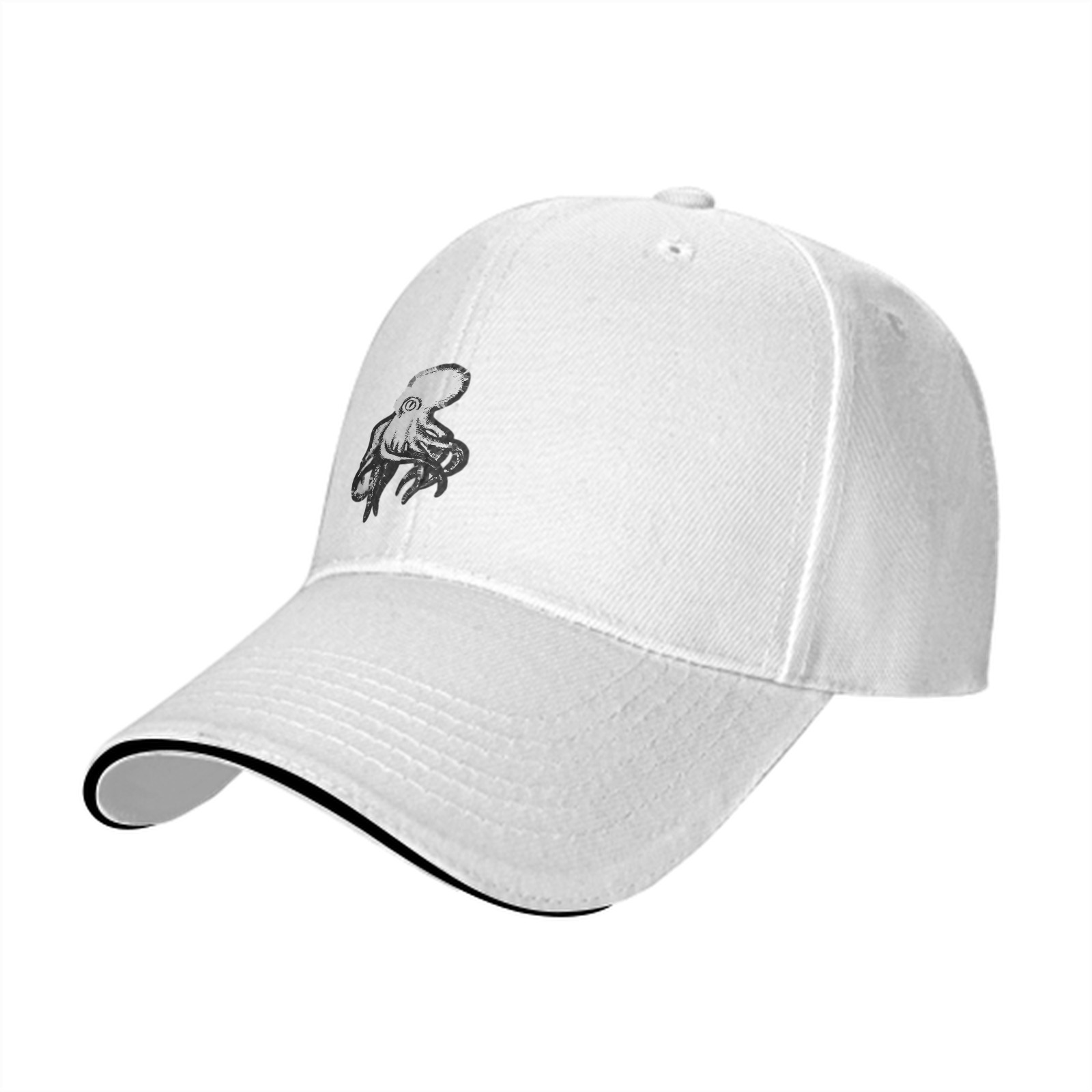 Black baseball cap with white octopus graphic design