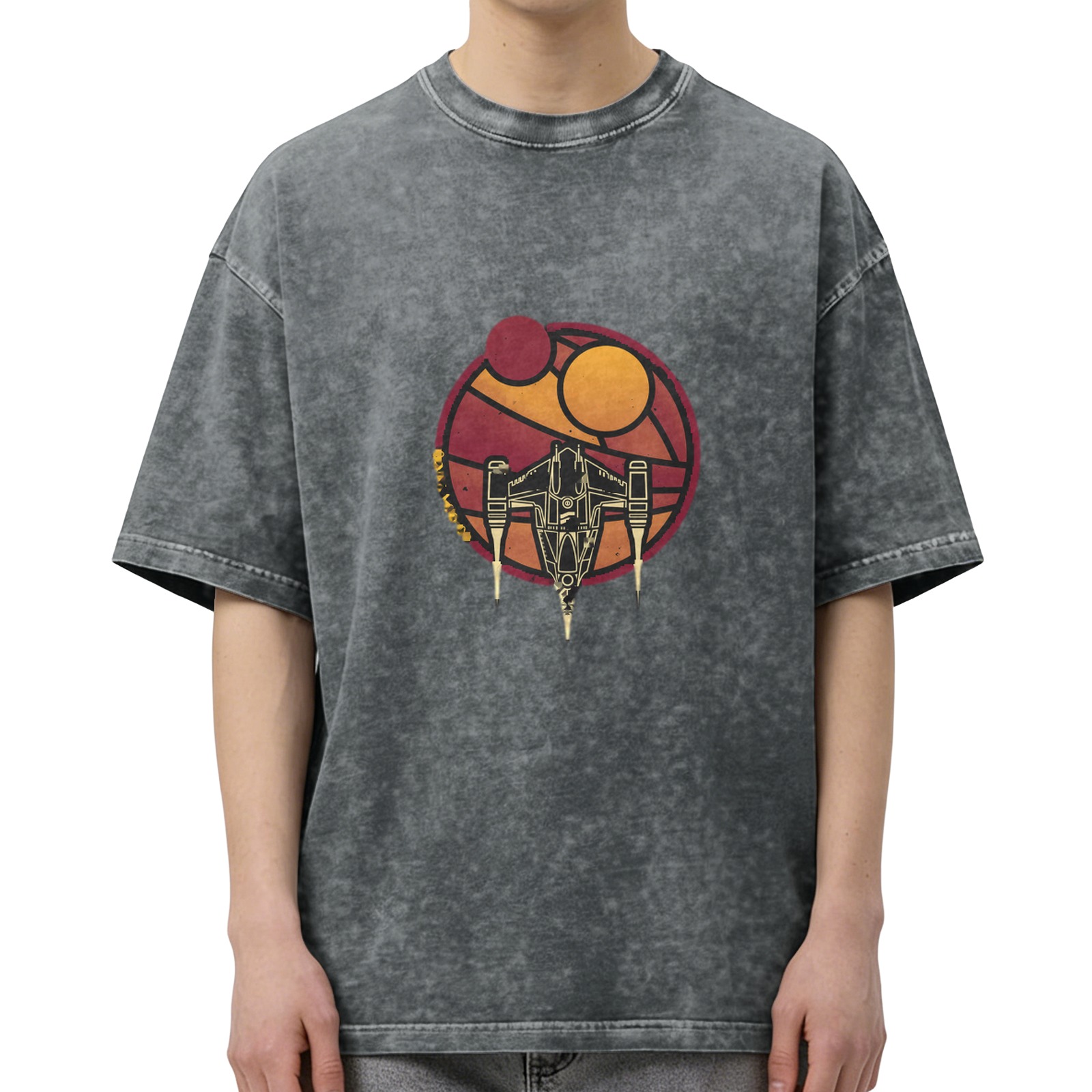 Washed Black Graphic T-Shirt with Space Ship and Dual Suns Design