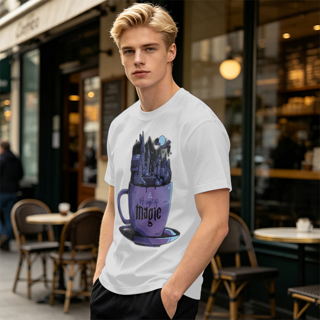 Olive T-Shirt With Teacup Holding Magical Castle Artwork
