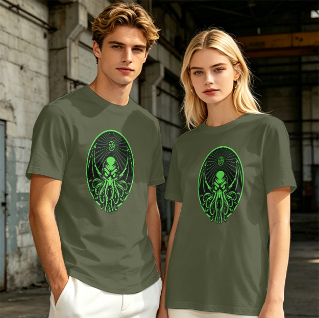 Olive Green T-Shirt With Glowing Green Cthulhu Graphic Print