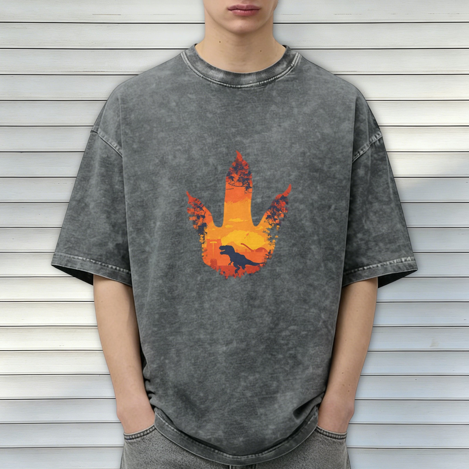 Washed Black Oversized T-Shirt with Dinosaur Footprint Sunset Graphic