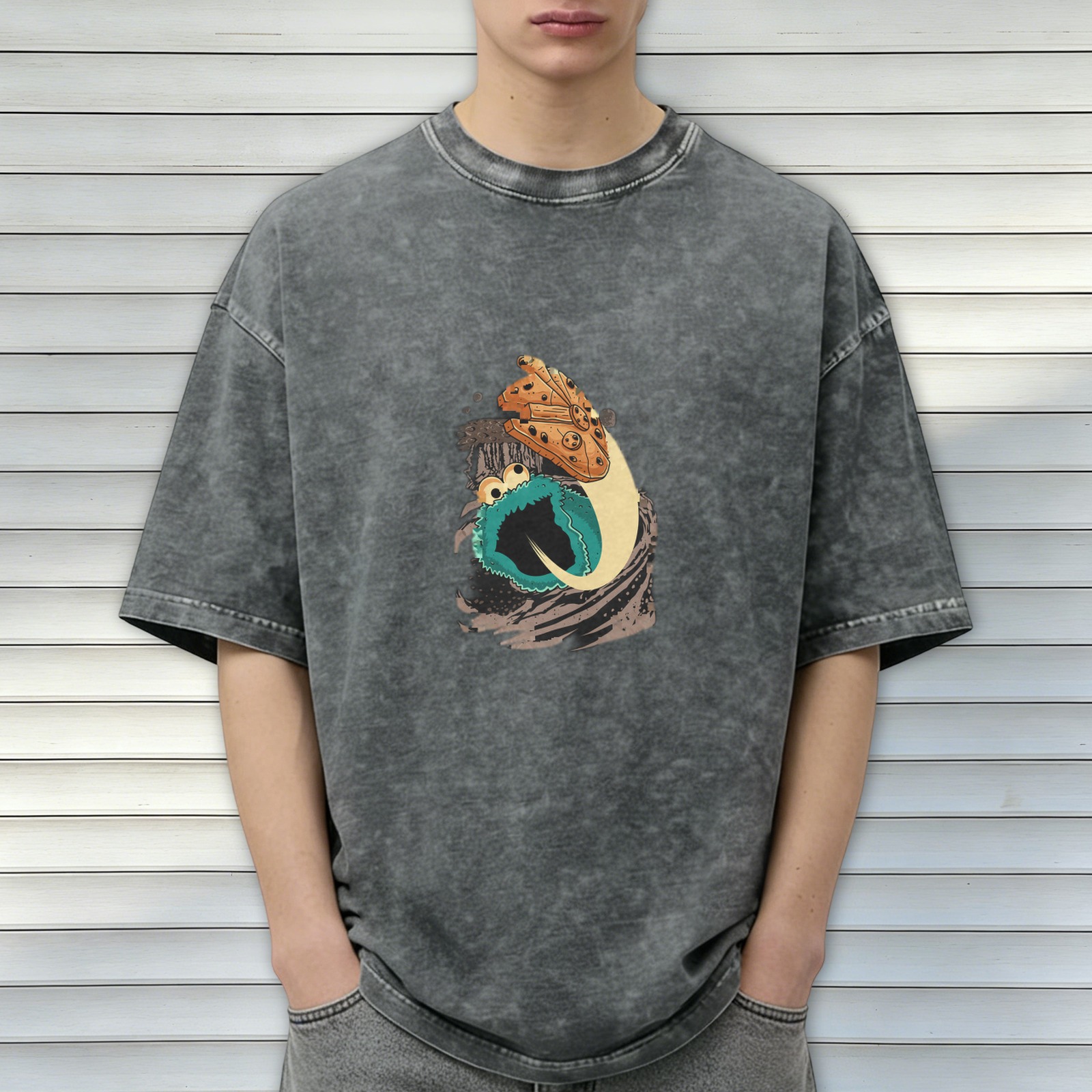 Oversized Acid Wash T-Shirt with Cookie Monster Graphic Print