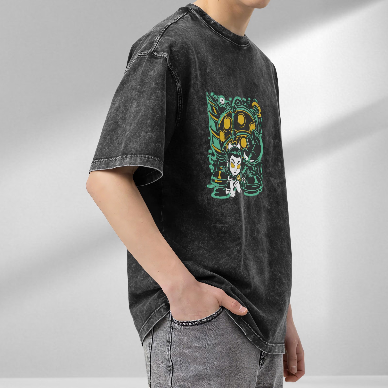 Washed Black Oversized T-Shirt With Cartoon Underwater Character Print