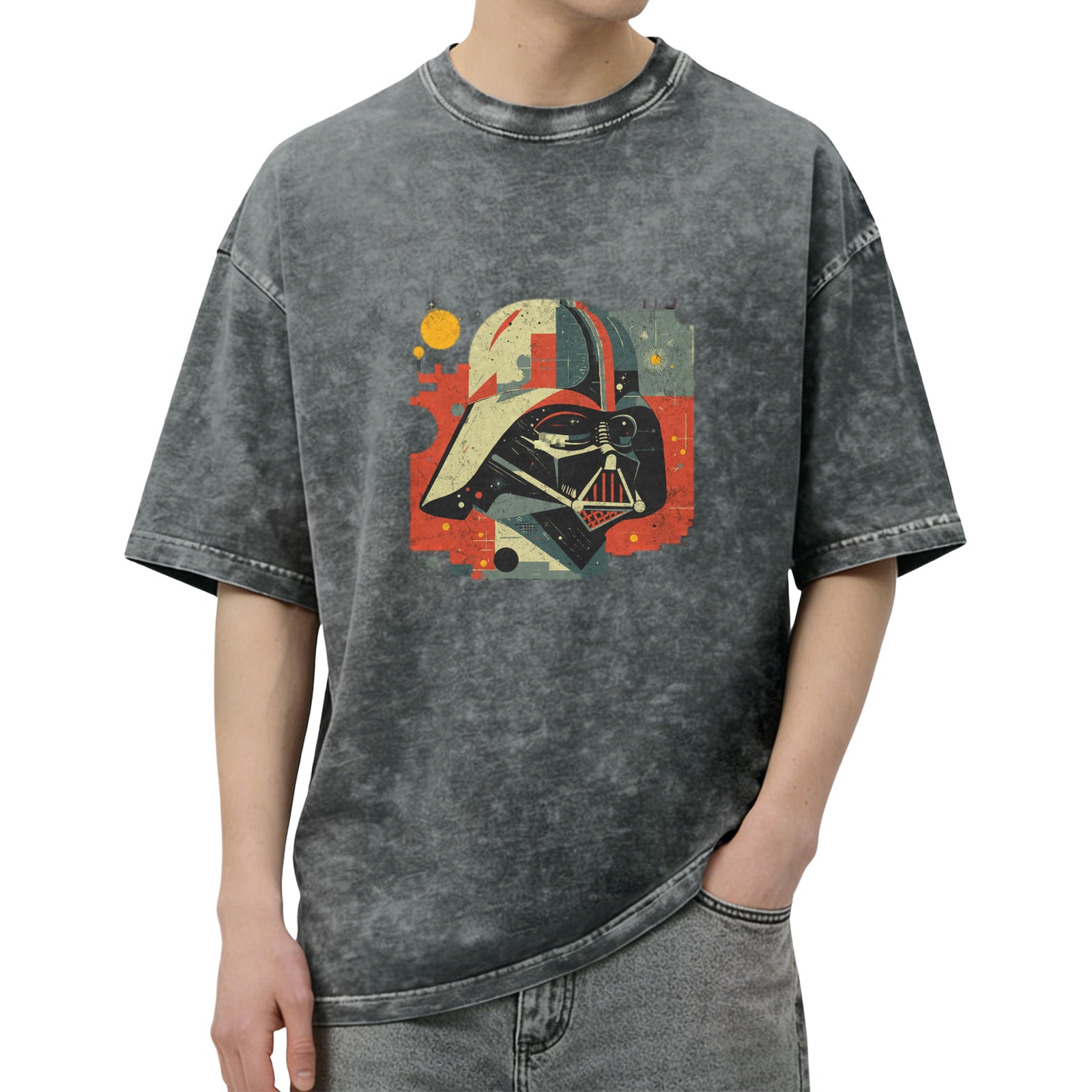 Washed Black T-Shirt with Retro Darth Vader Graphic