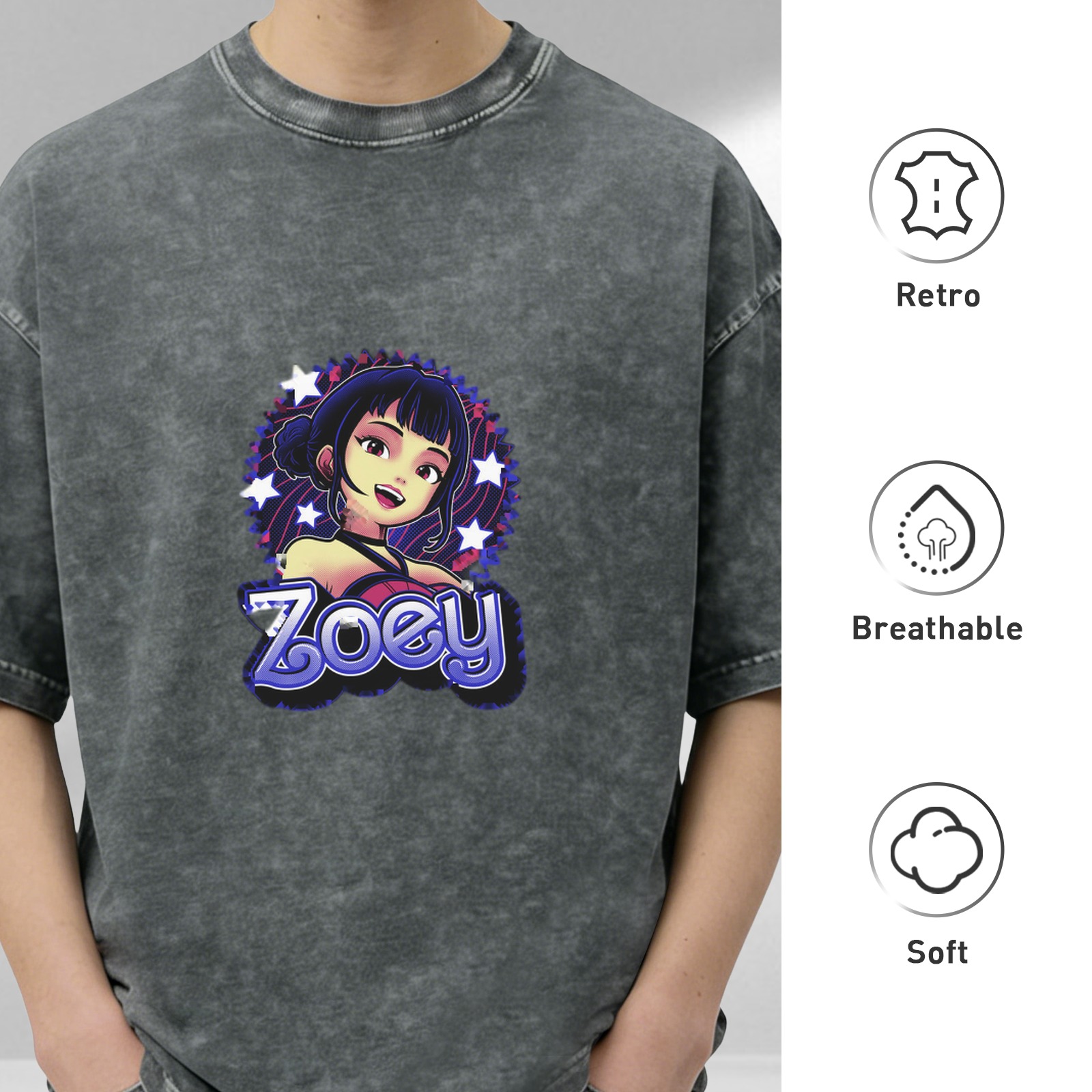 Oversized dark washed graphic t-shirt with anime girl and Zoey text