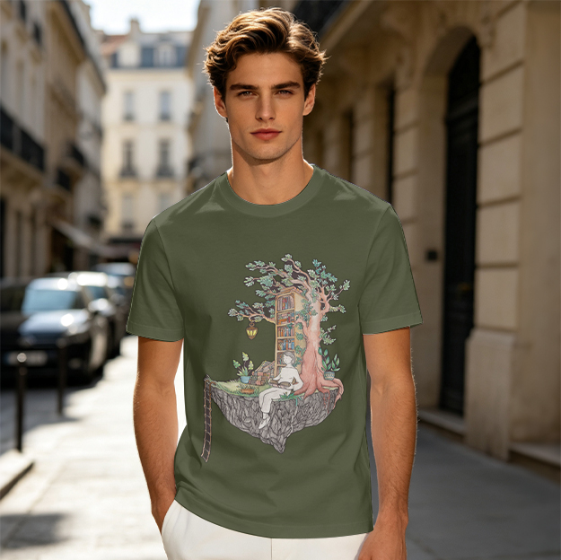 Olive t-shirt with whimsical floating treehouse reading scene print
