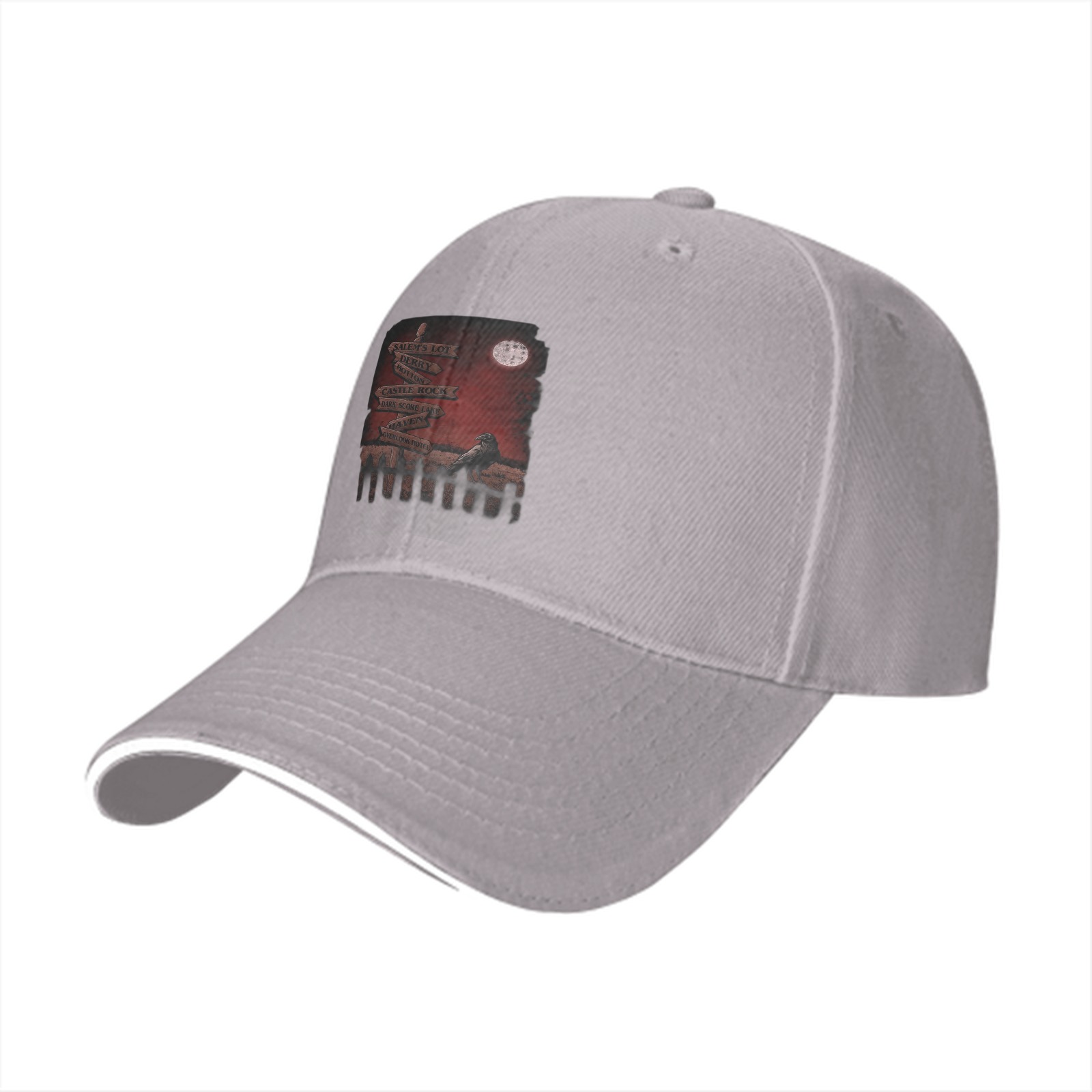 Black baseball cap with spooky graveyard signpost crow print