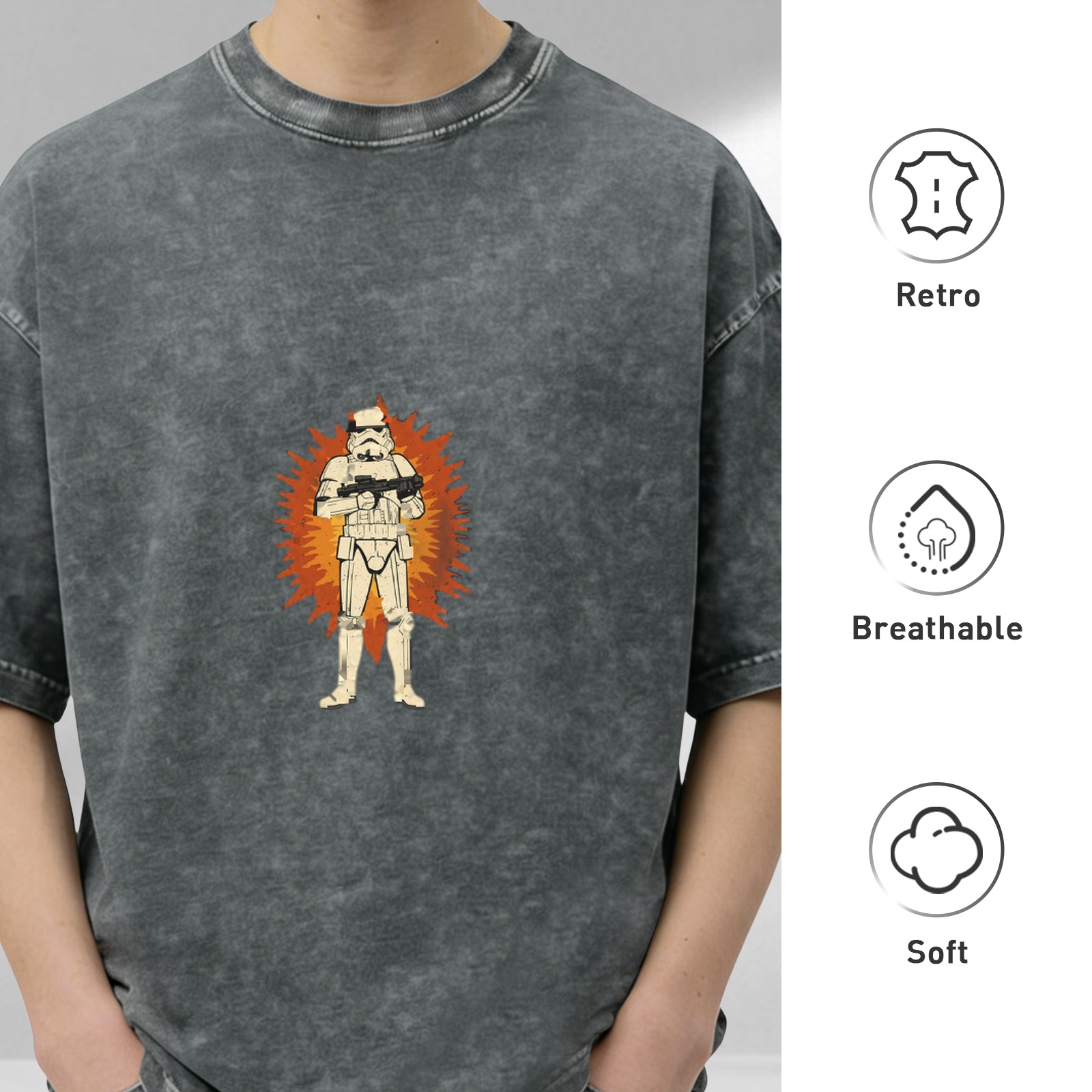 Washed Black Oversized T-Shirt with Star Wars Stormtrooper Graphic