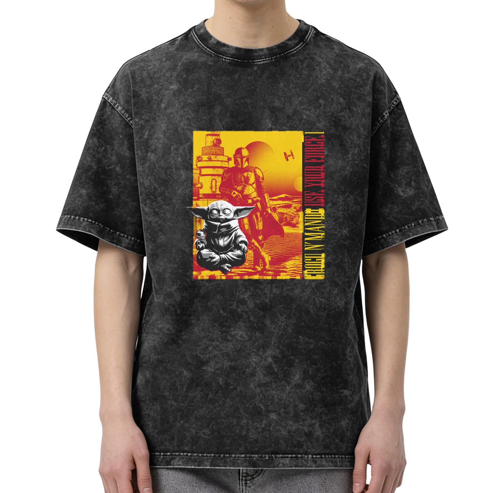 Star Wars Themed Acid Wash T-Shirt With Grogu and Mandalorian Graphic
