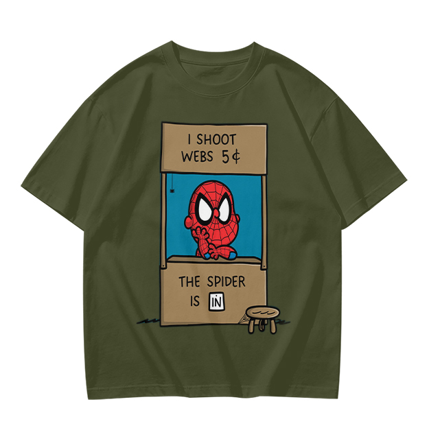 Olive t-shirt with cartoon Spider-Man web stand print