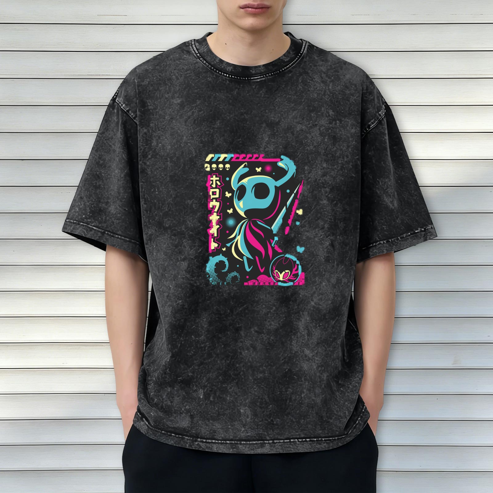 Hollow Knight Neon Graphic Acid Wash Cotton T-Shirt