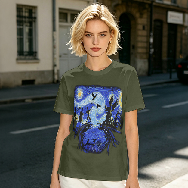 Olive T-Shirt with Starry Night Style Fantasy Art Print