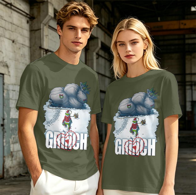 Grinch Stealing Christmas Gifts Snow Scene Graphic T-Shirt