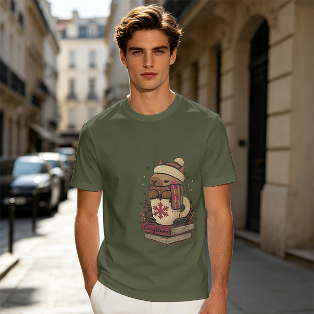 Olive Green T-Shirt With Cozy Capybara In Winter Mug Graphic